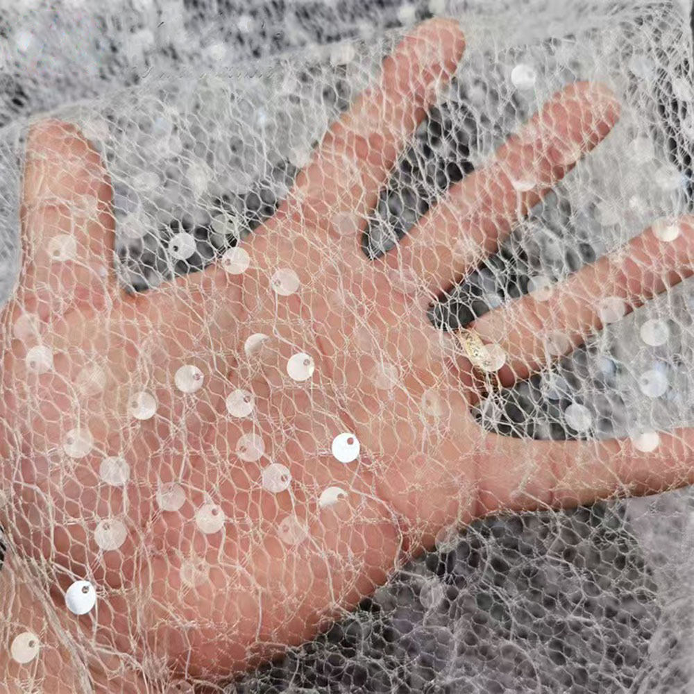 Embroidery Veil - White Sequins Mesh Fabric Shiny Elegant