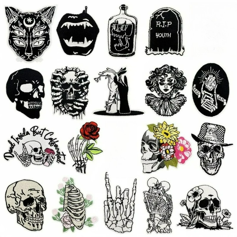 Embroidery On Black Shirt - Black Punk Terro Skull Roses Cat