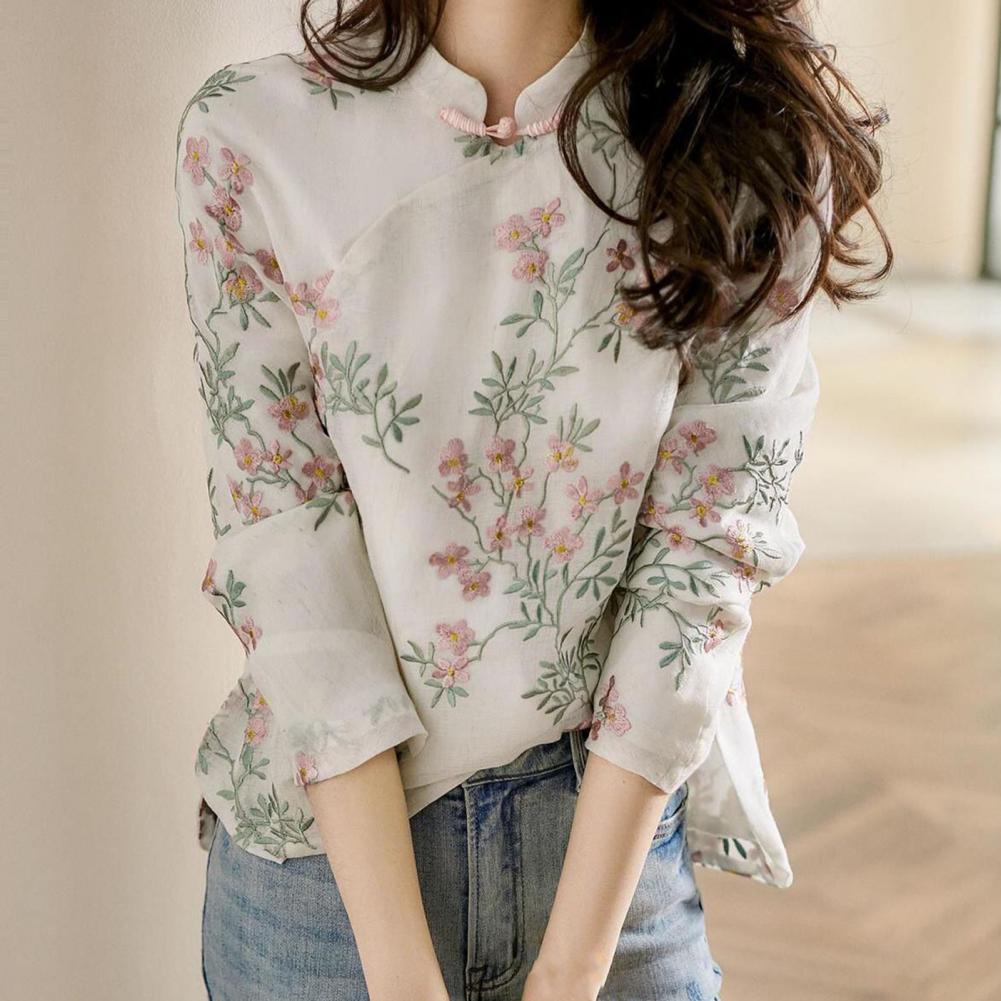 Embroidery Cardigan - Women Shirt Chinese Style Embroidery Elegant