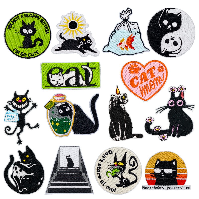 Funny Black Cat Round Heart Ir - огляд і ціна Embroidery On Black Shirt