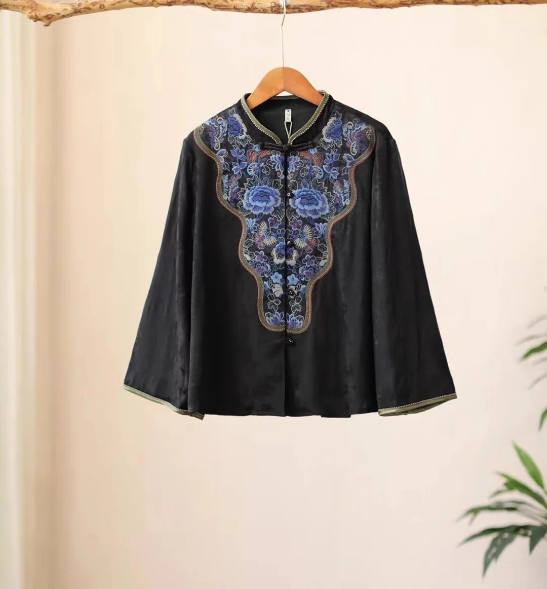 Luxury spring blouse for women - огляд і ціна Embroidery On Black Shirt