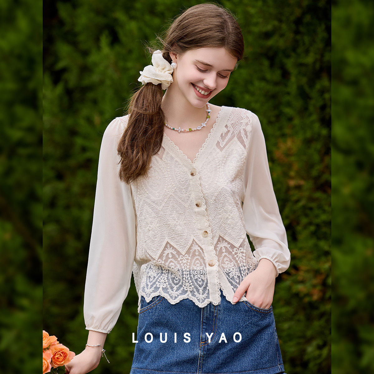 LOUIS YAO Sweet Lace V-neck Ca - огляд і ціна Embroidery Cardigan