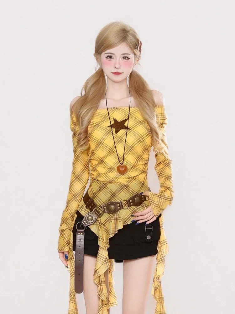 Y2K Plaid Slash Neck Vintage T - огляд і ціна Embroidery Origin