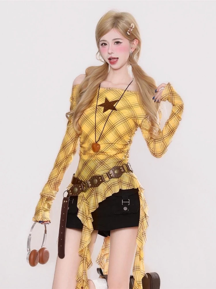 Y2K Plaid Slash Neck Vintage T - огляд і ціна Embroidery Origin