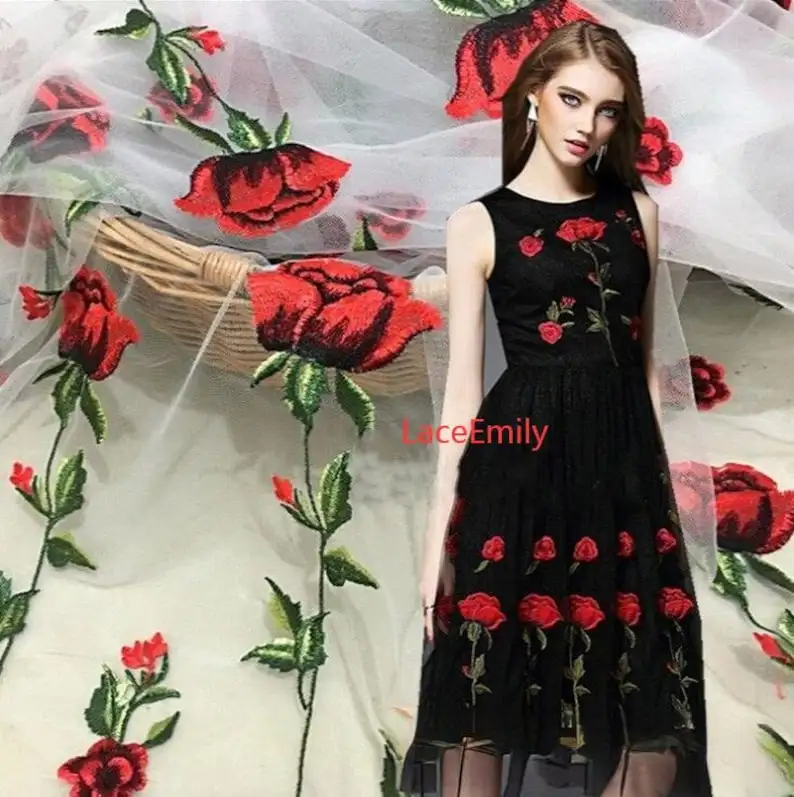 Red Rose Lace Fabric flower em - огляд і ціна Embroidery Veil