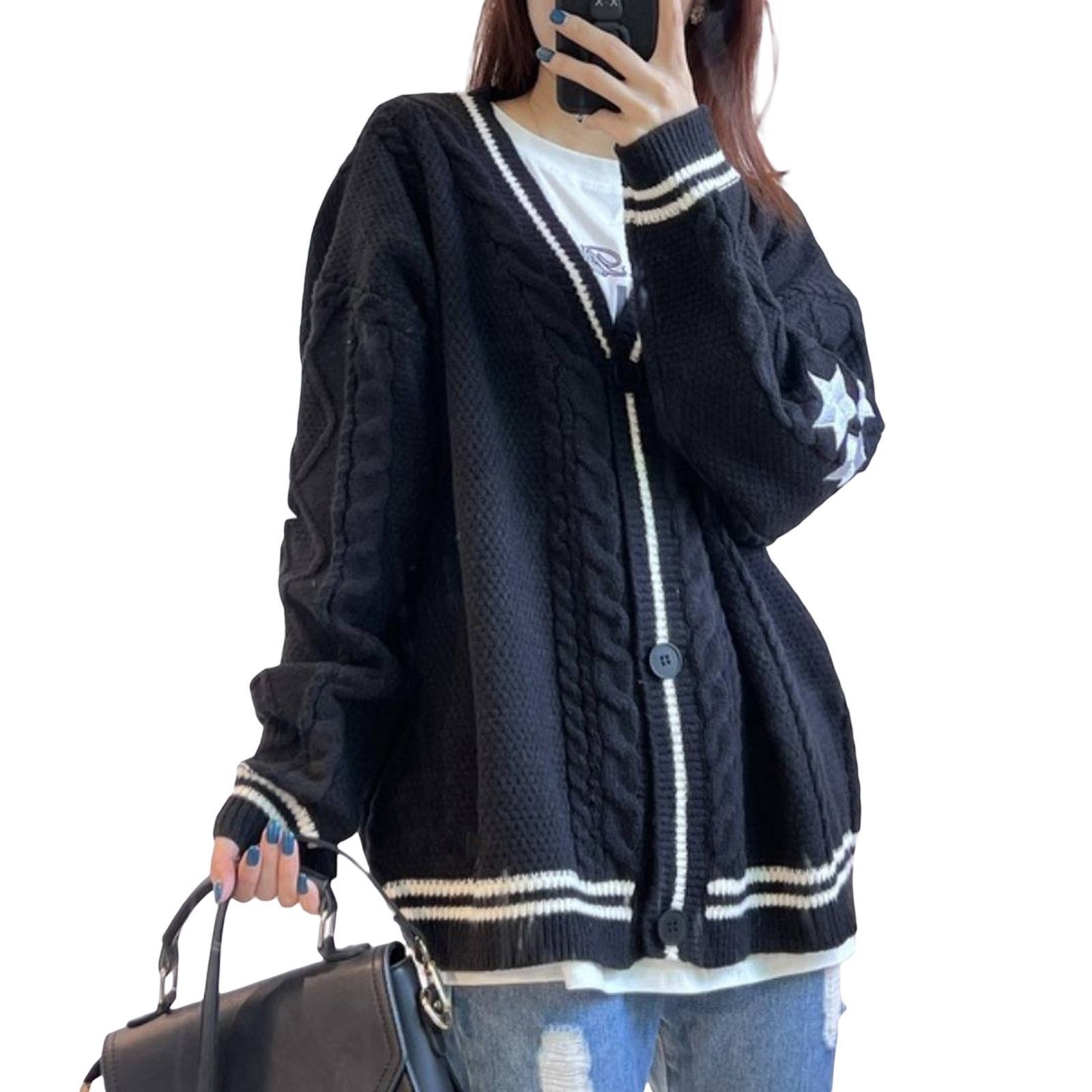 Women Vintage Cable Knit Cardi - огляд і ціна Embroidery Letter N