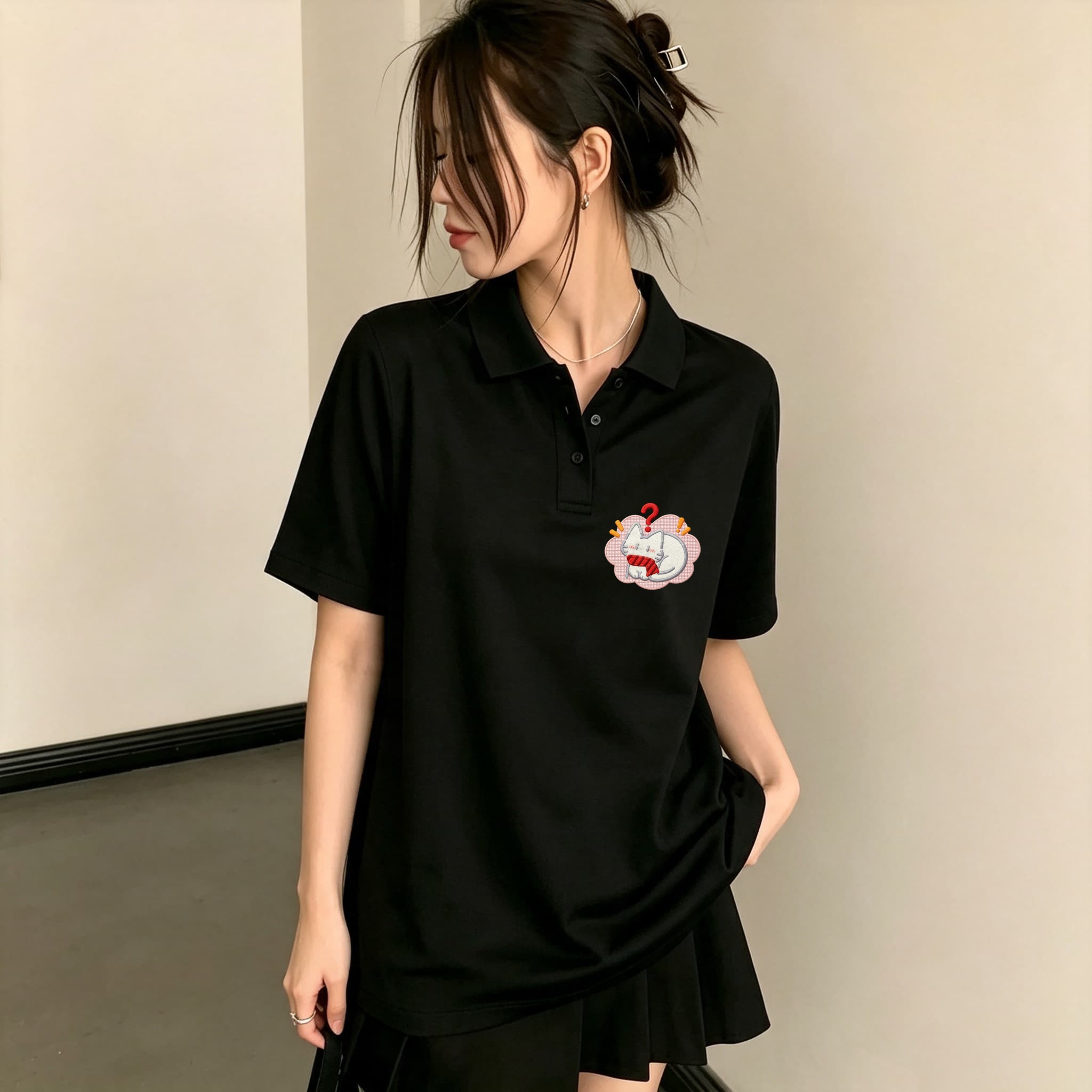 Women Black Lapel Collar Polo  - огляд і ціна Embroidery On Black Shirt