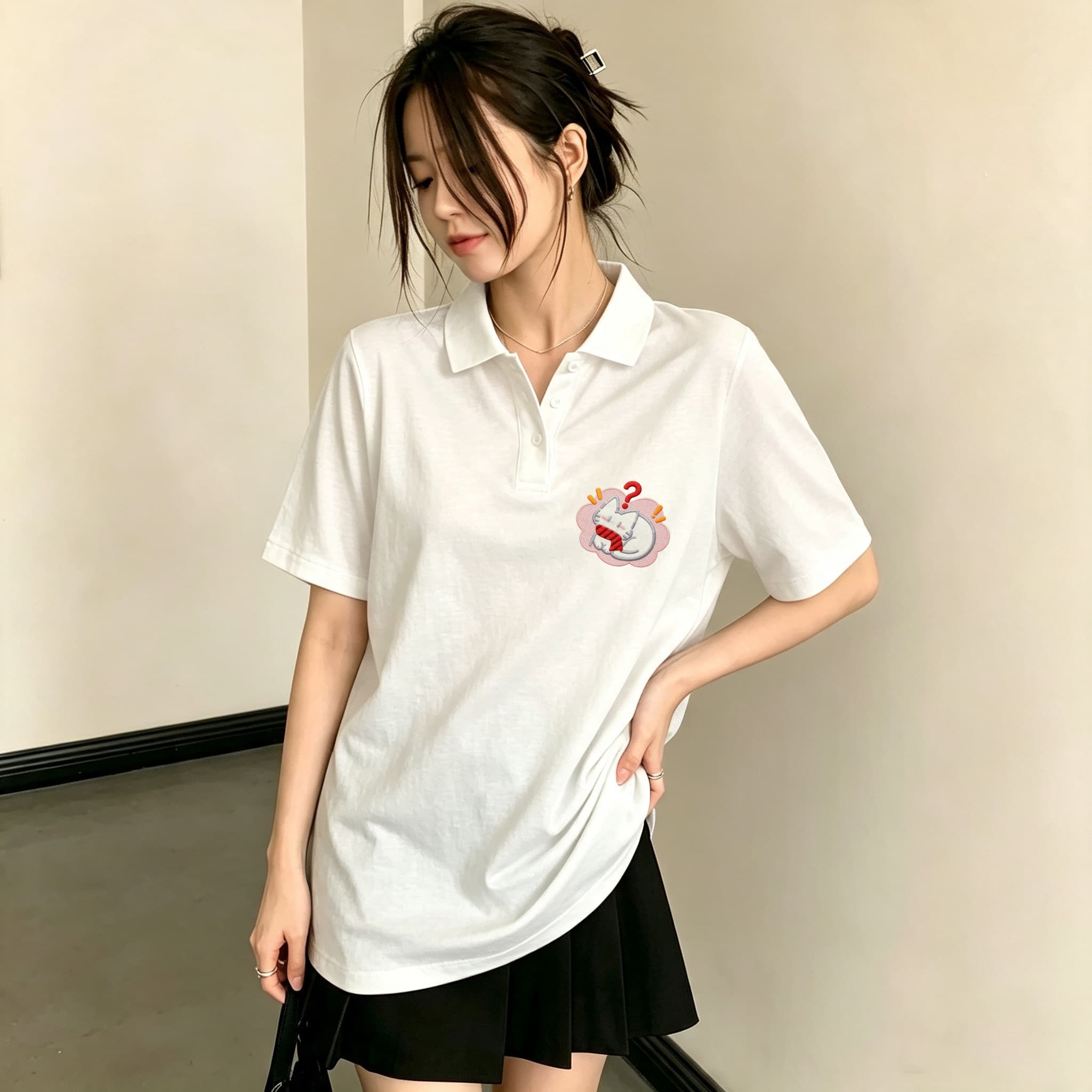 Women Black Lapel Collar Polo  - огляд і ціна Embroidery On Black Shirt